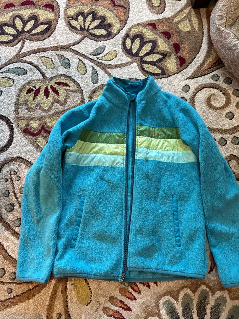 Cotopaxi Kids Teal Fleece Jacket with Green Stripe